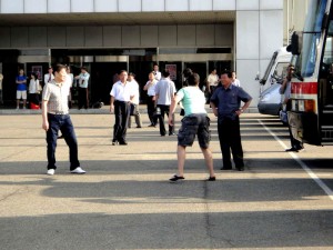Outside the Yanggakdo hotel, Pyongyang, North Korea
