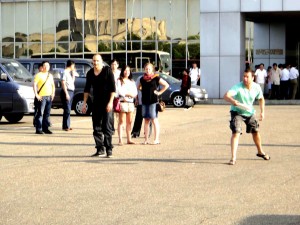 Outside the Yanggakdo hotel, Pyongyang, North Korea