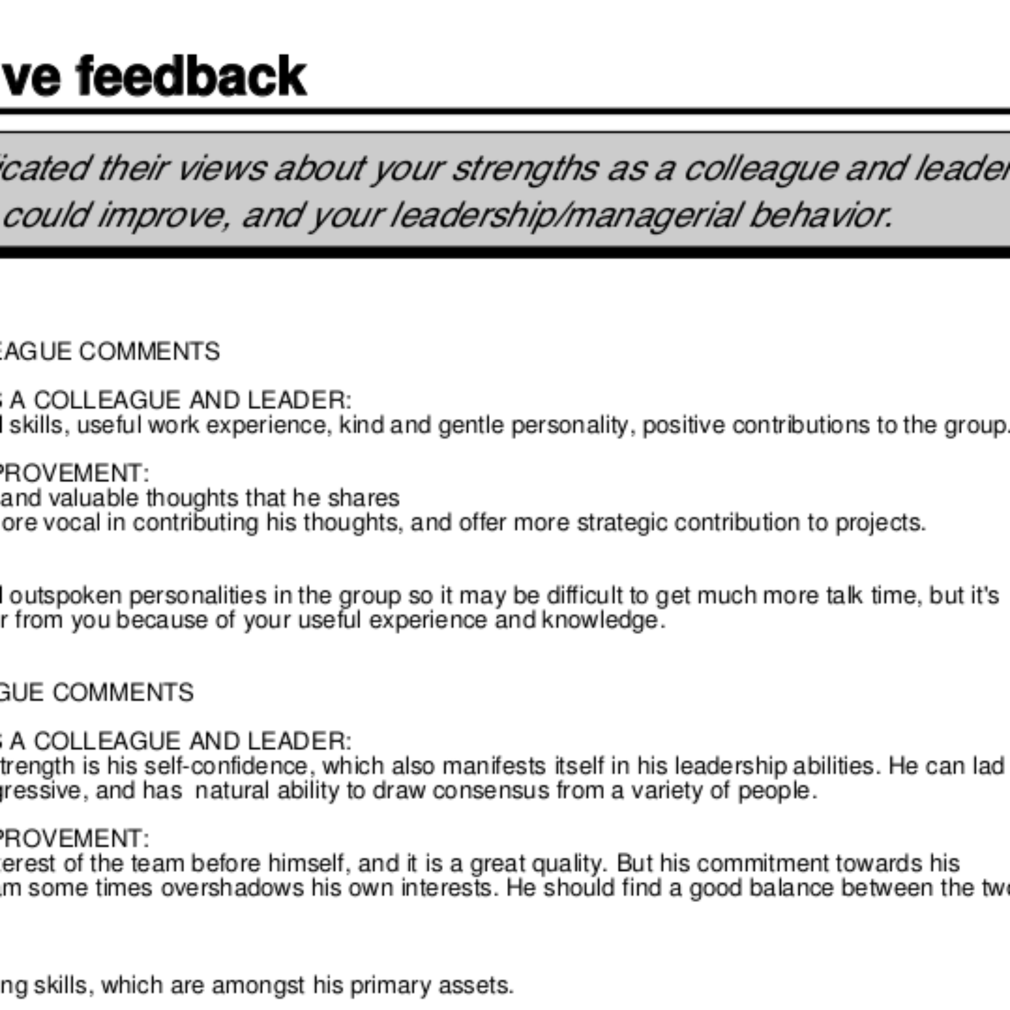 A sample 360-degree feedback report: qualitative feedback