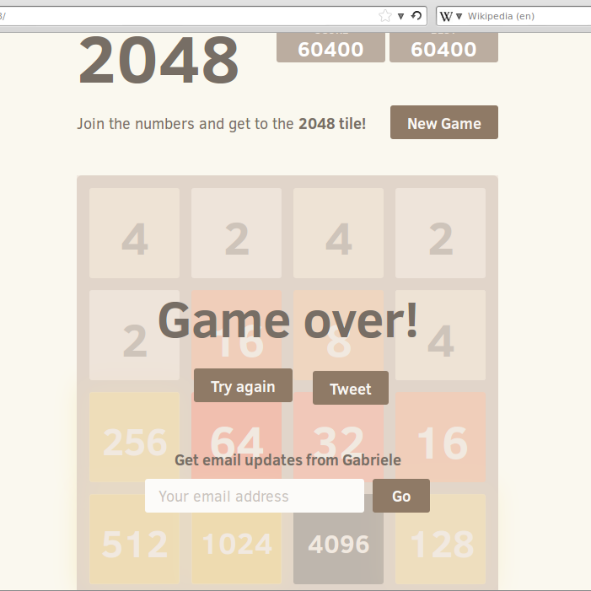 2048 high score: 60,400 with a 4096 tile