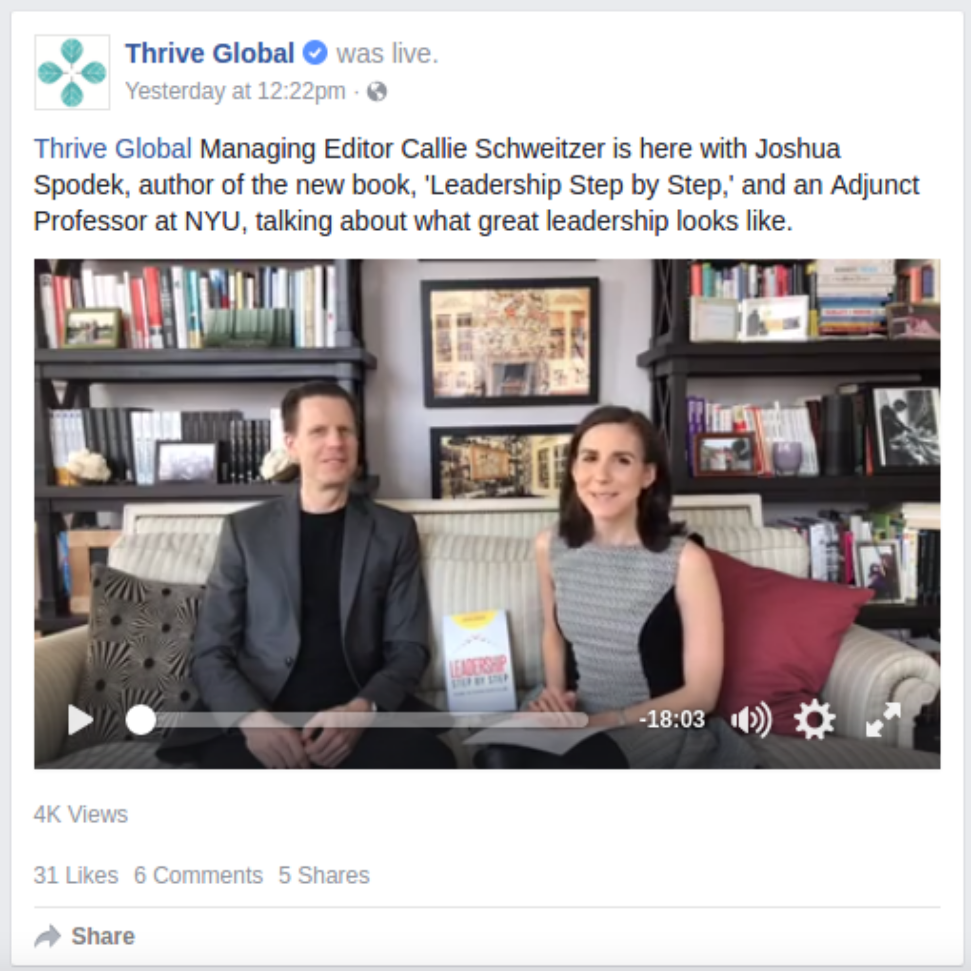 Watch Callie Schweitzer, of Arianna Huffington’s Thrive Global, interview of me