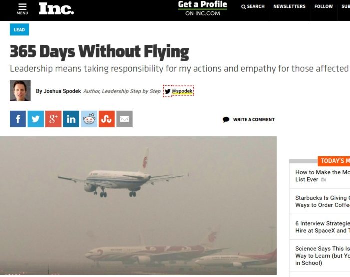 365 Days Without Flying Joshua Spodek Inc. artilce