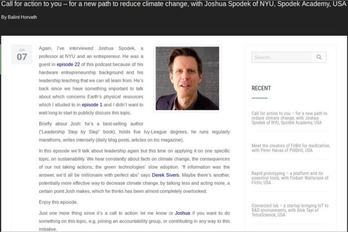 Balinth Harvath's podcast Call for action to you â€“ for a new path to reduce climate change with Joshua Spodek