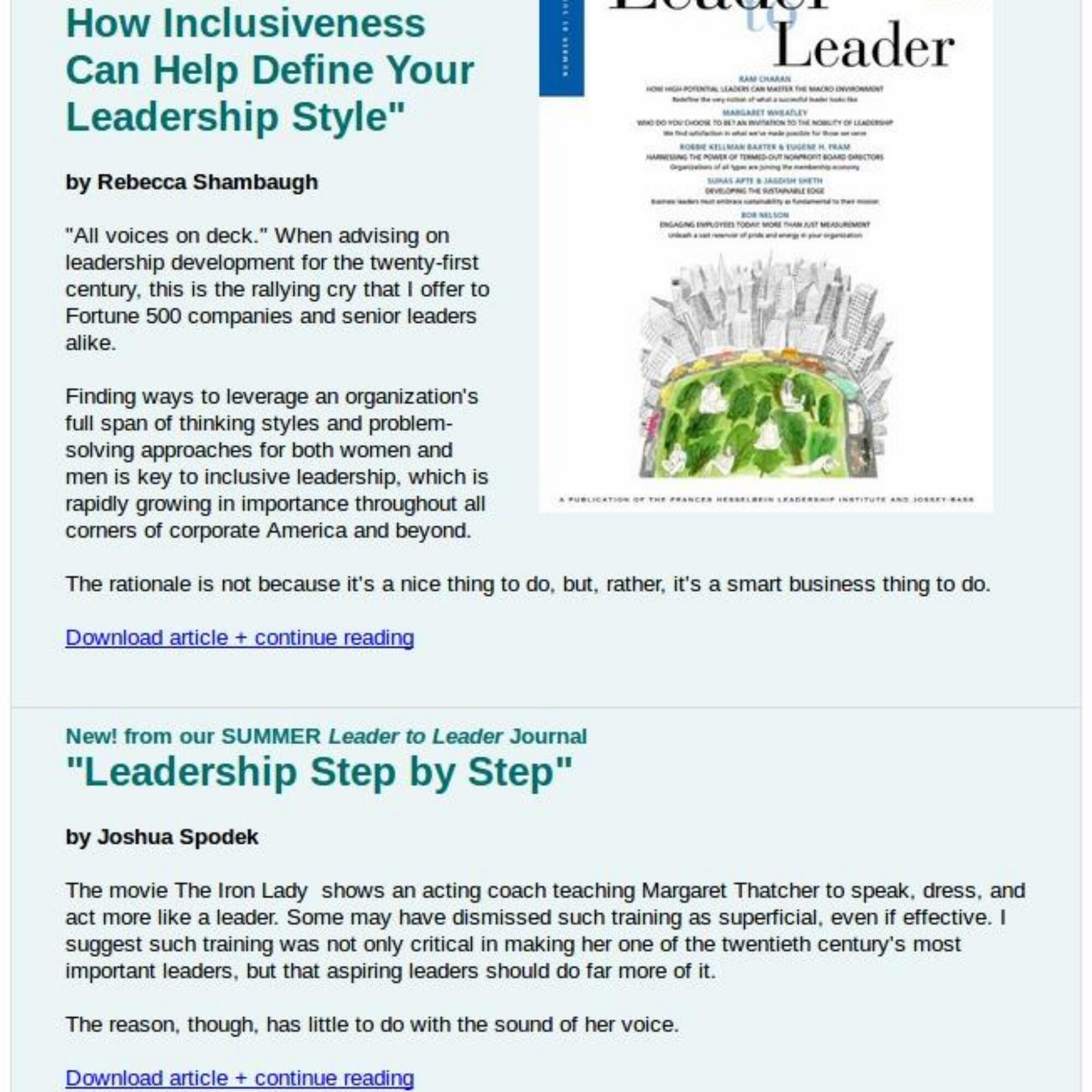 My Leader to Leader article featured by the Frances Hesselbein Institute