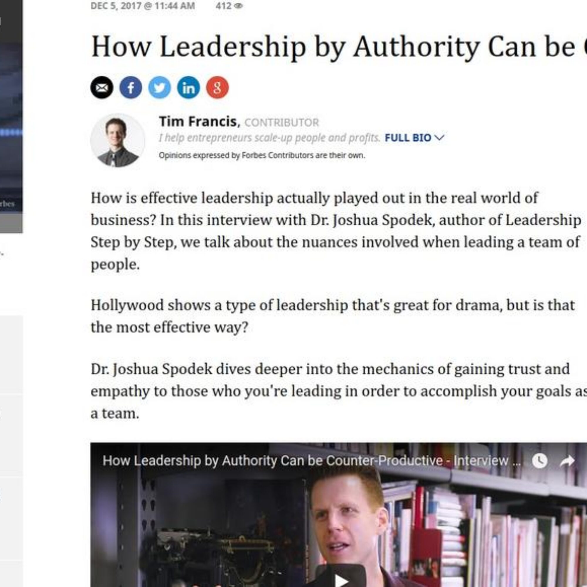 Forbes (twice in one week): How Leadership by Authority Can be Counter-Productive (Video)