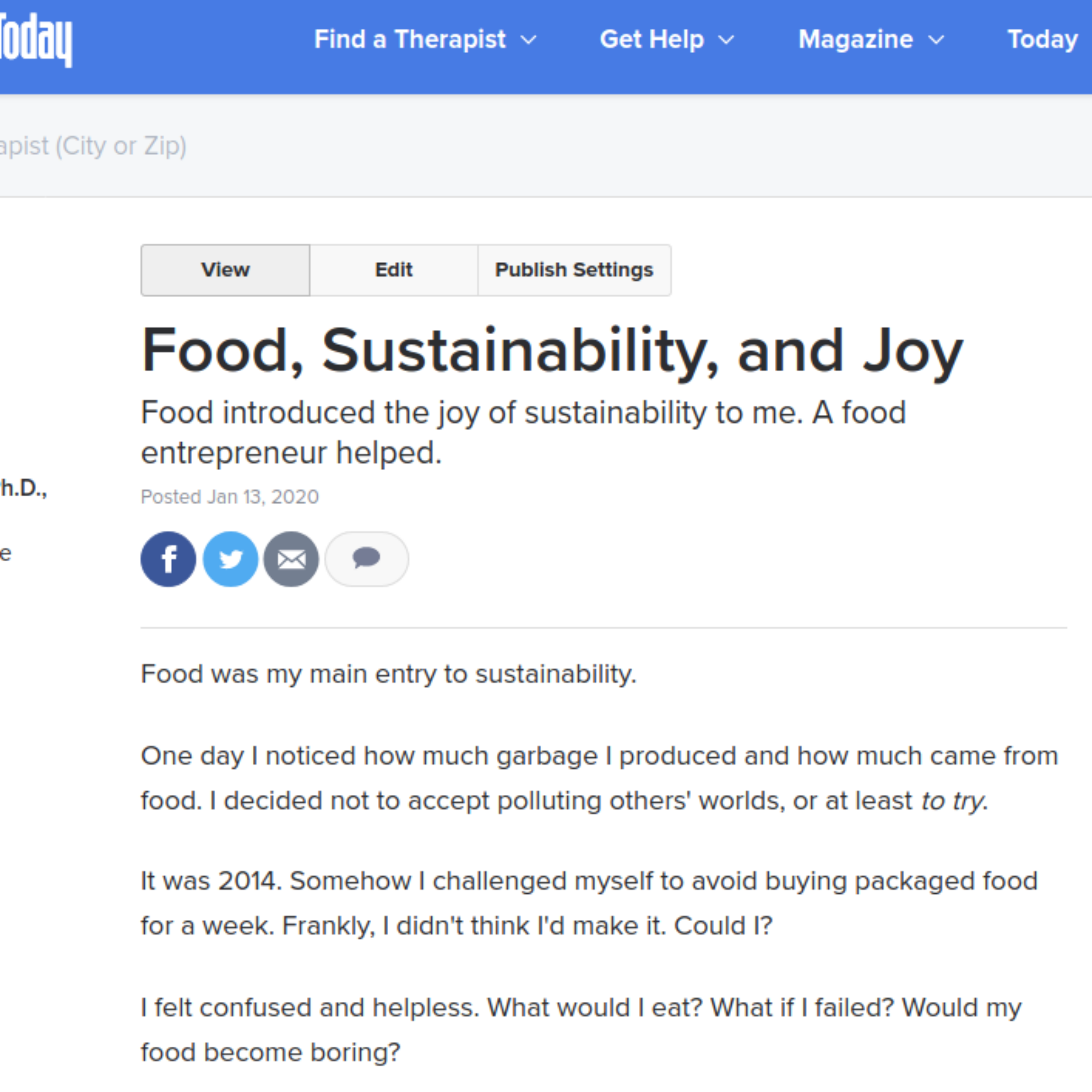 Psychology Today: Food, Sustainability, and Joy