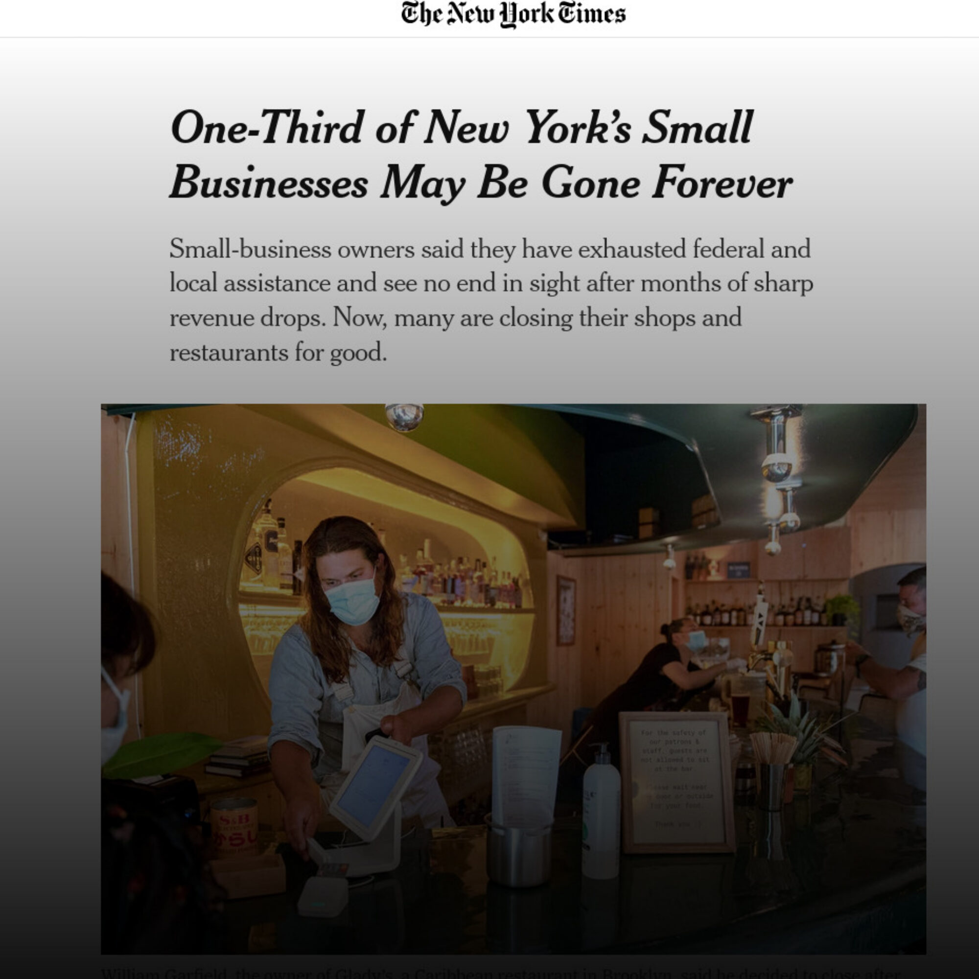 “One-Third of New York’s Small Businesses May Be Gone Forever” Another problem with efficiency