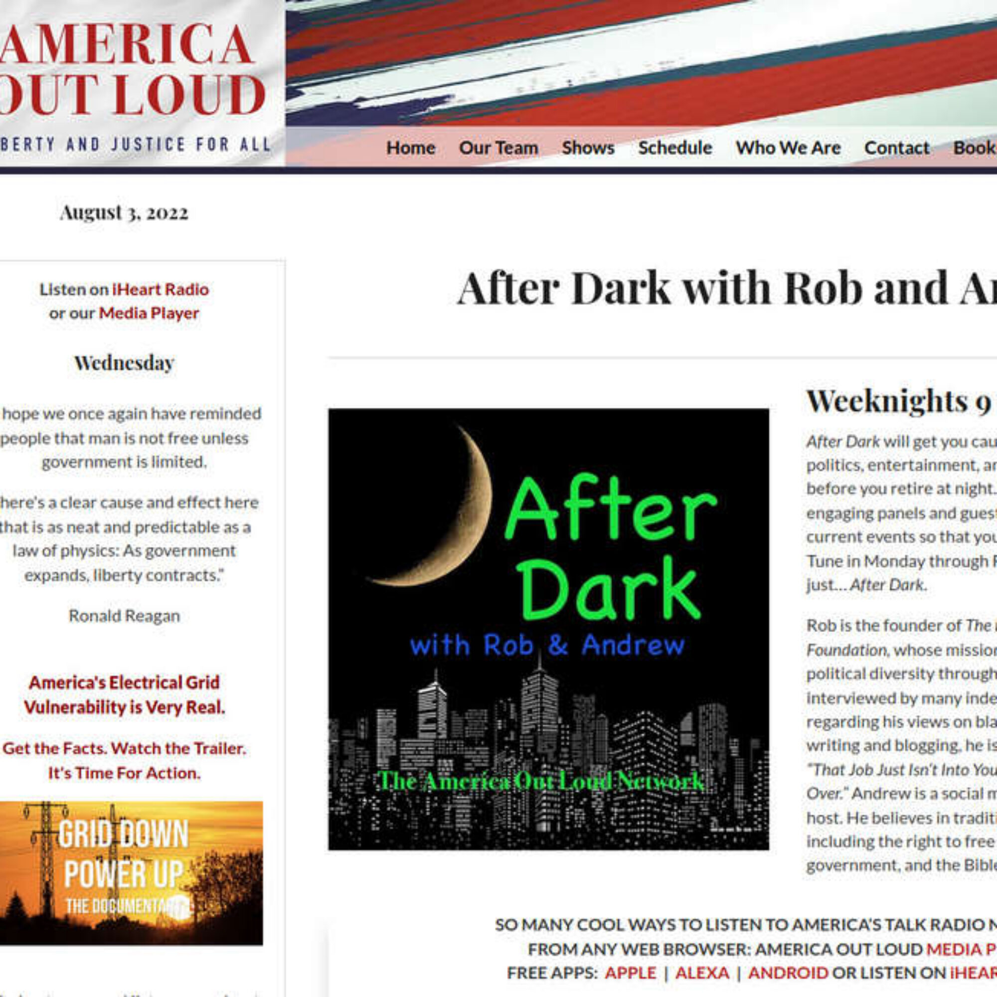 Hear me live 9pm eastern on America Out Loud After Dark (conservative radio) on living off the electric grid
