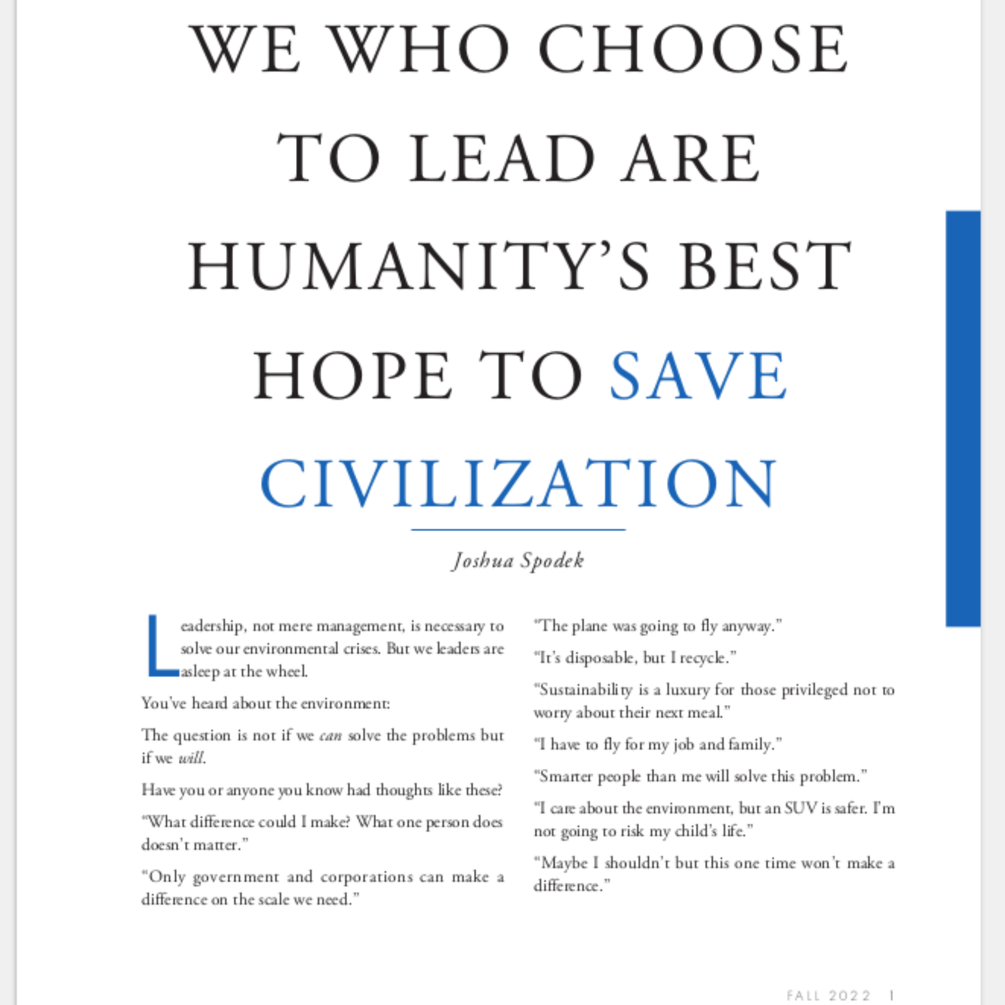 Published in the Leader to Leader Journal: “We Who Choose to Lead Are Humanity’s Best Hope to Save Civilization”