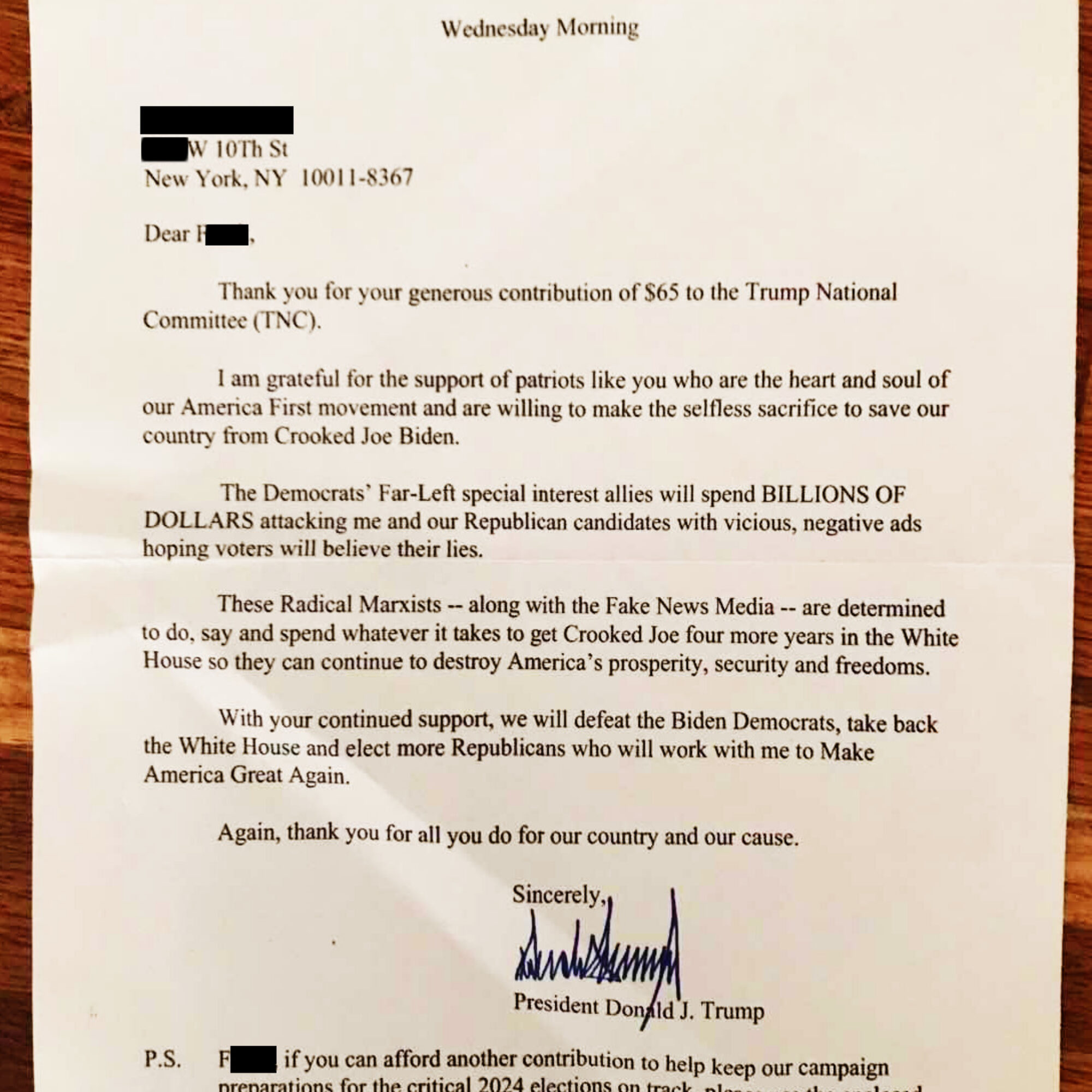 A neighbor’s thank-you letter from Donald Trump (sadly disrespecting the office of the presidency)