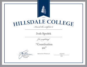 Hillsdale College Constitution 201 certificate