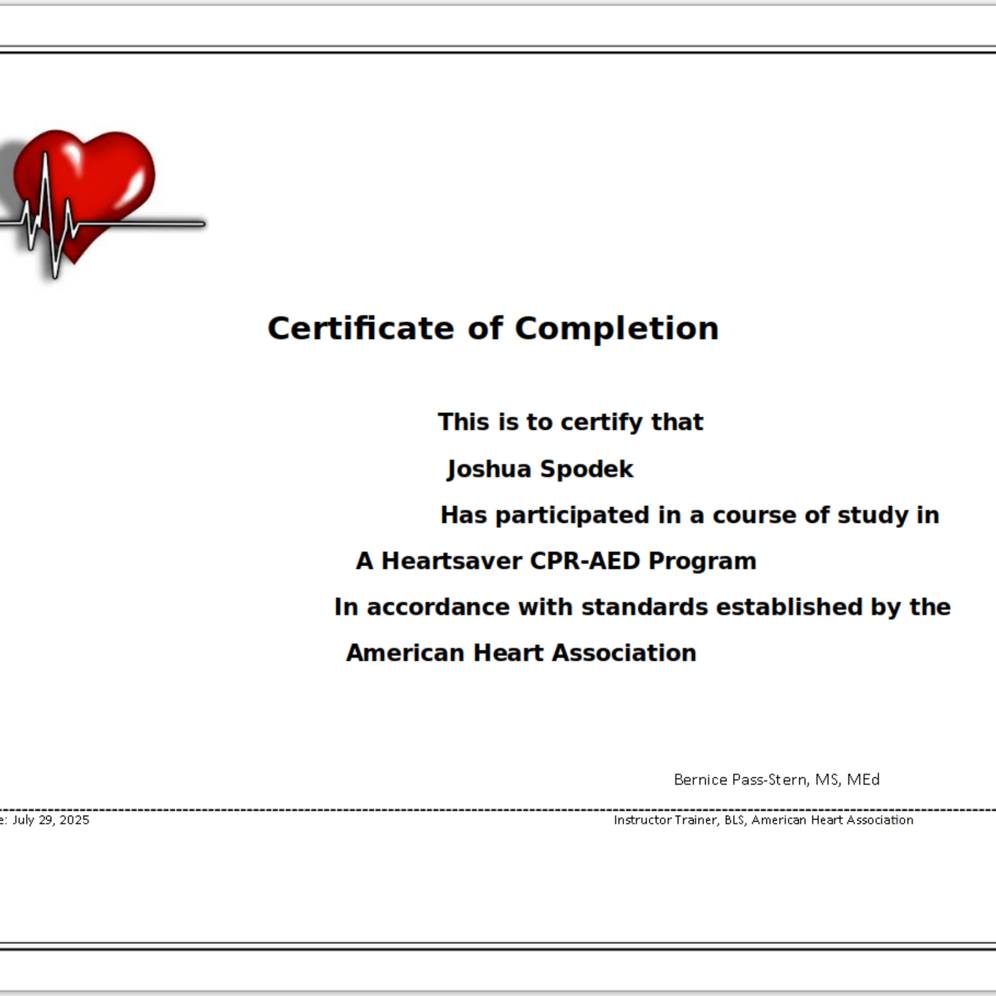 My CPR training certificate